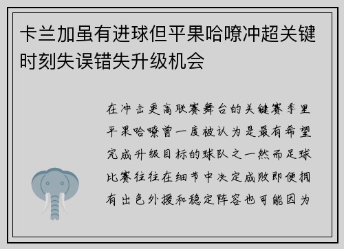 卡兰加虽有进球但平果哈嘹冲超关键时刻失误错失升级机会