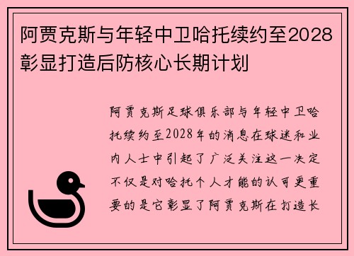 阿贾克斯与年轻中卫哈托续约至2028彰显打造后防核心长期计划